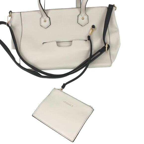 Gussaci Women's Large Tote Shoulder Handbag Minimalist Neutral Cream Black Trim - Picture 1 of 12